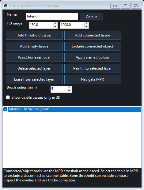 Actual tissue editor showing threshold, connected region, layer and manual brush controls